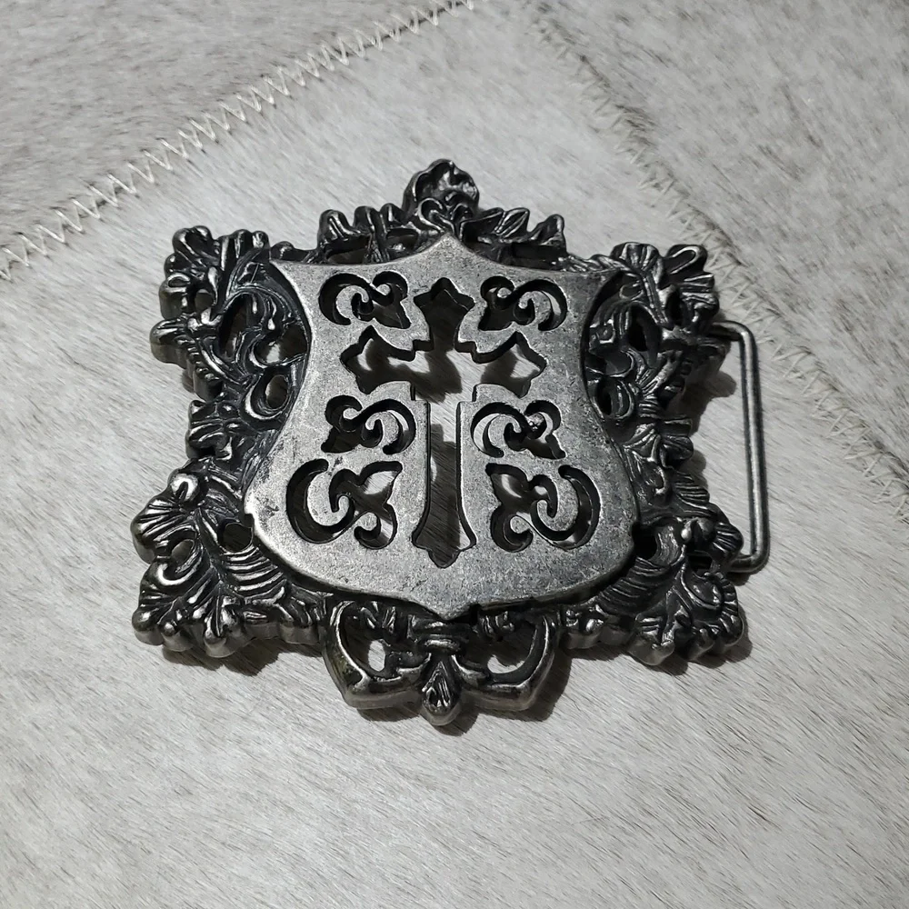 Ornate Cross Shield Goth Silver Tone Belt Buckle